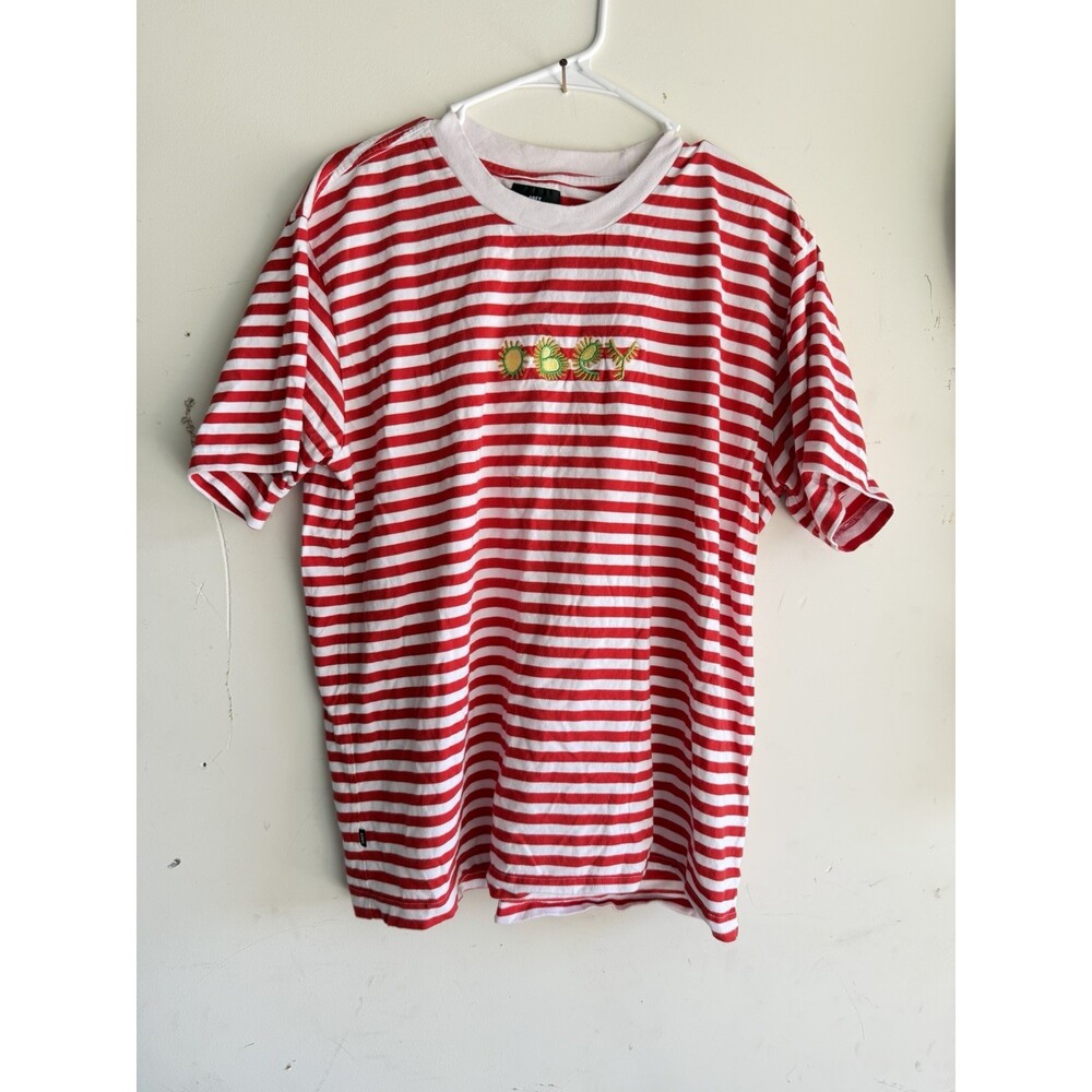 Obey Worldwide Men's Red/White Stripe Short Sleeve Shirt Green Embroidery Large